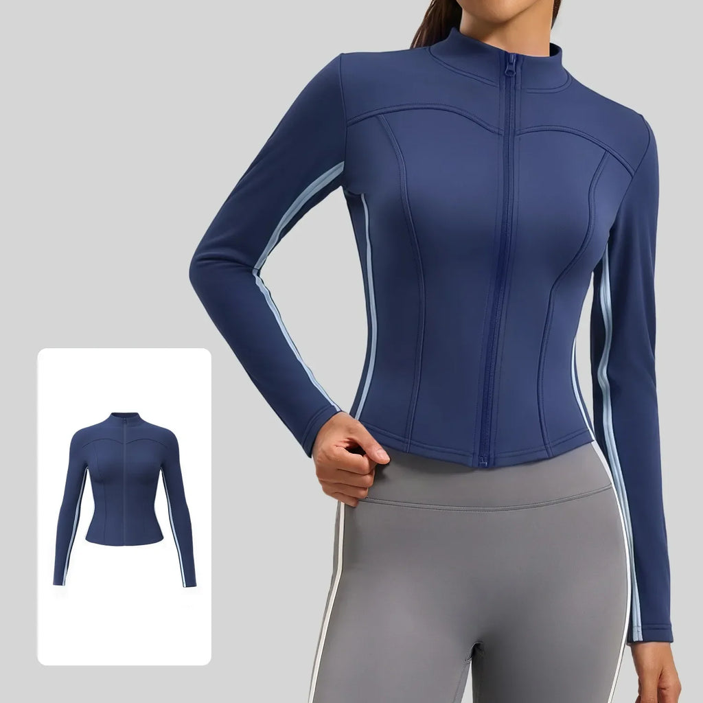 Striped 2pcs Yoga Gym Set Women Long Sleeve Zipper Sport Jacket Hip Lifting Leggings Fitness Running Tops Flare Pants Tracksuit