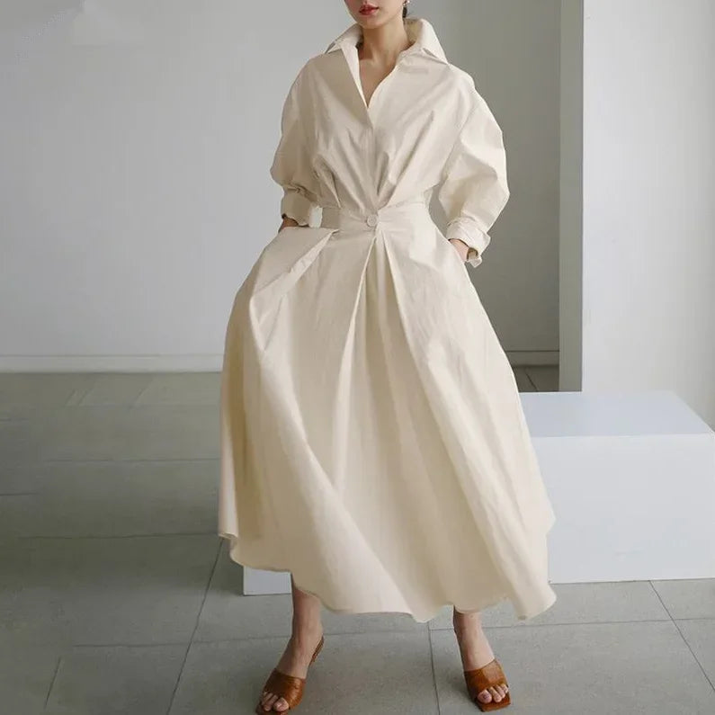 2026 Women's Oversized Elegant Cotton Linen Sundress Lapel Neck High Waist Long Sleeve Long Shirt Dress OL Vestidos Robe Femme