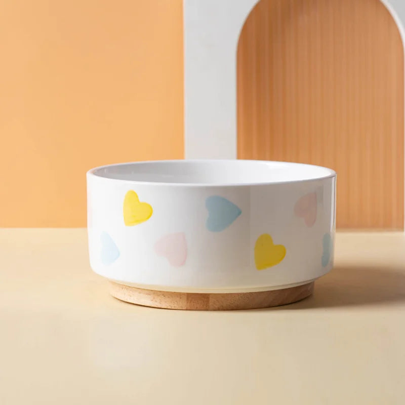 Ceramic Pet Bowl with Wooden Mat – Spine-Friendly