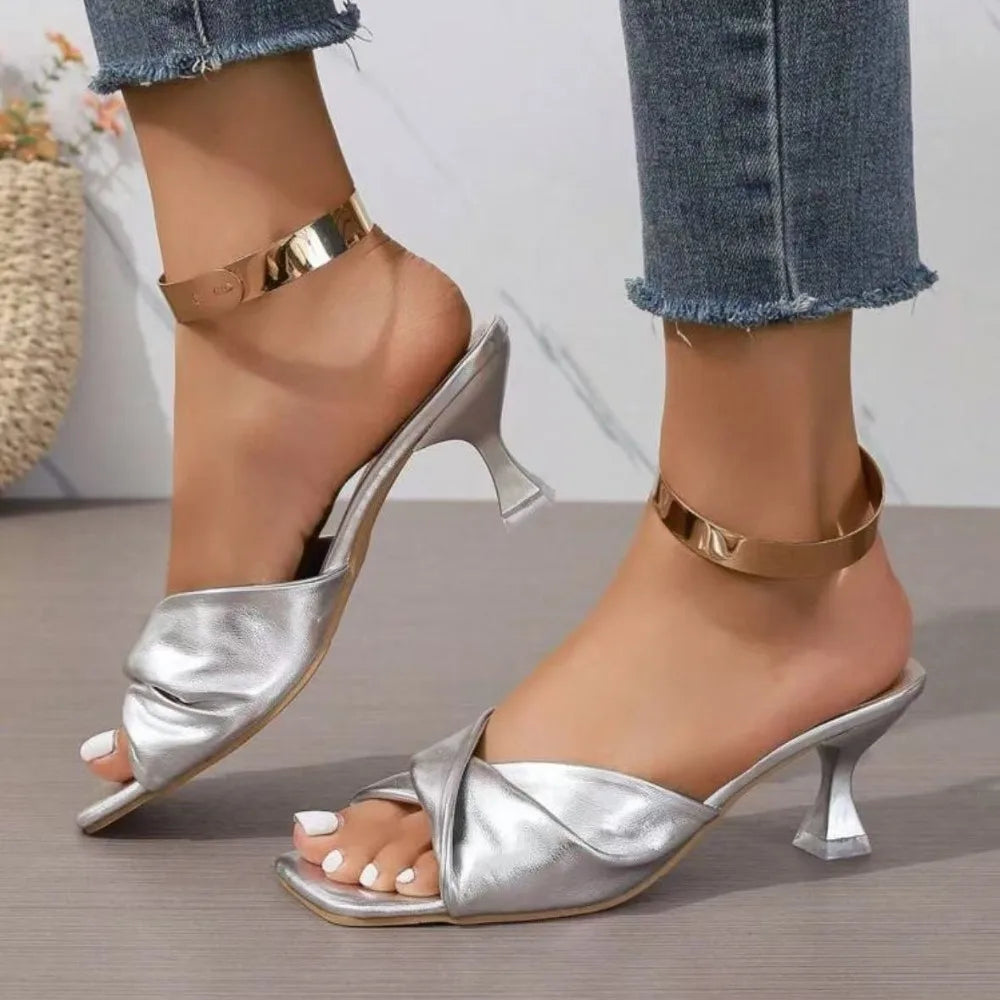 Fashion Summer Women Shoes New Handmade Square Open Toe High Heels Outdoor Fashion Slippers Wedding Party Fashion Party shoes