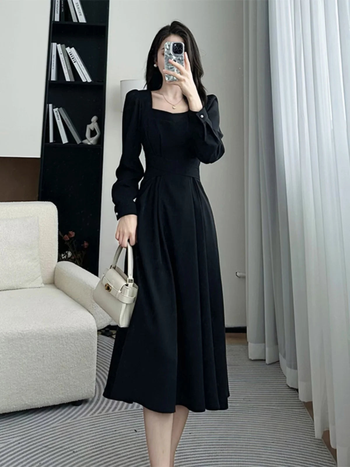 Ele High Waist A-Line Dr Women's Long Sve Square Collar Slimming Formal Ocn Dr Spring Collection