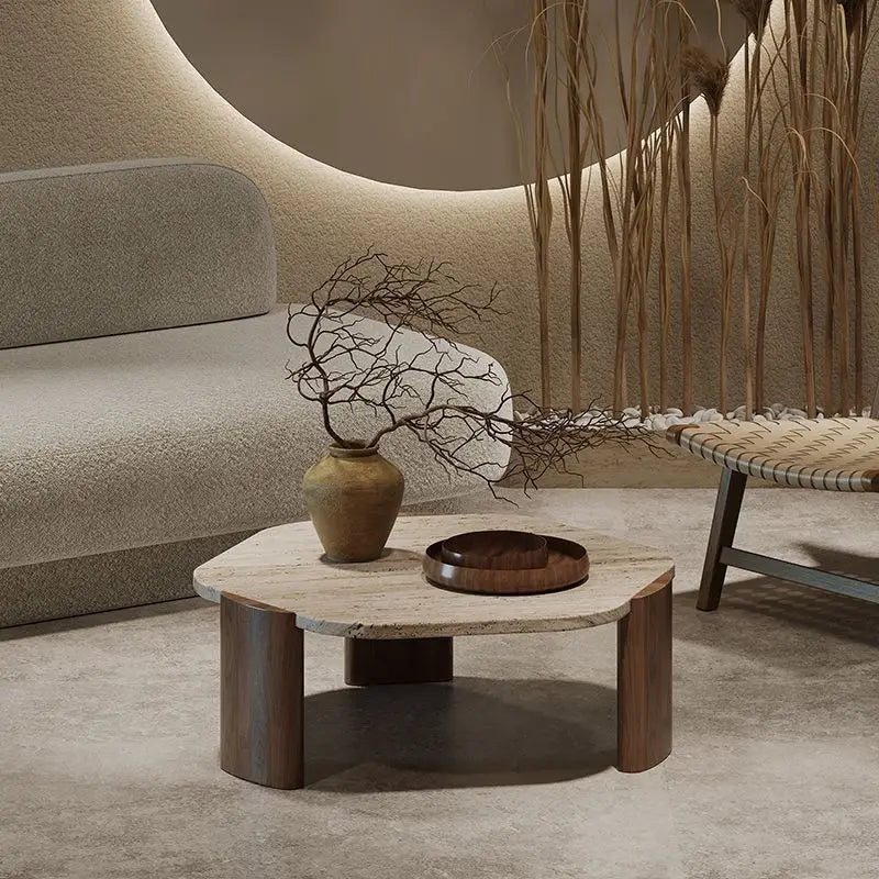 Solid wood travertine coffee table small tea small apartment living room household round balcony special-shaped rock slab Intern