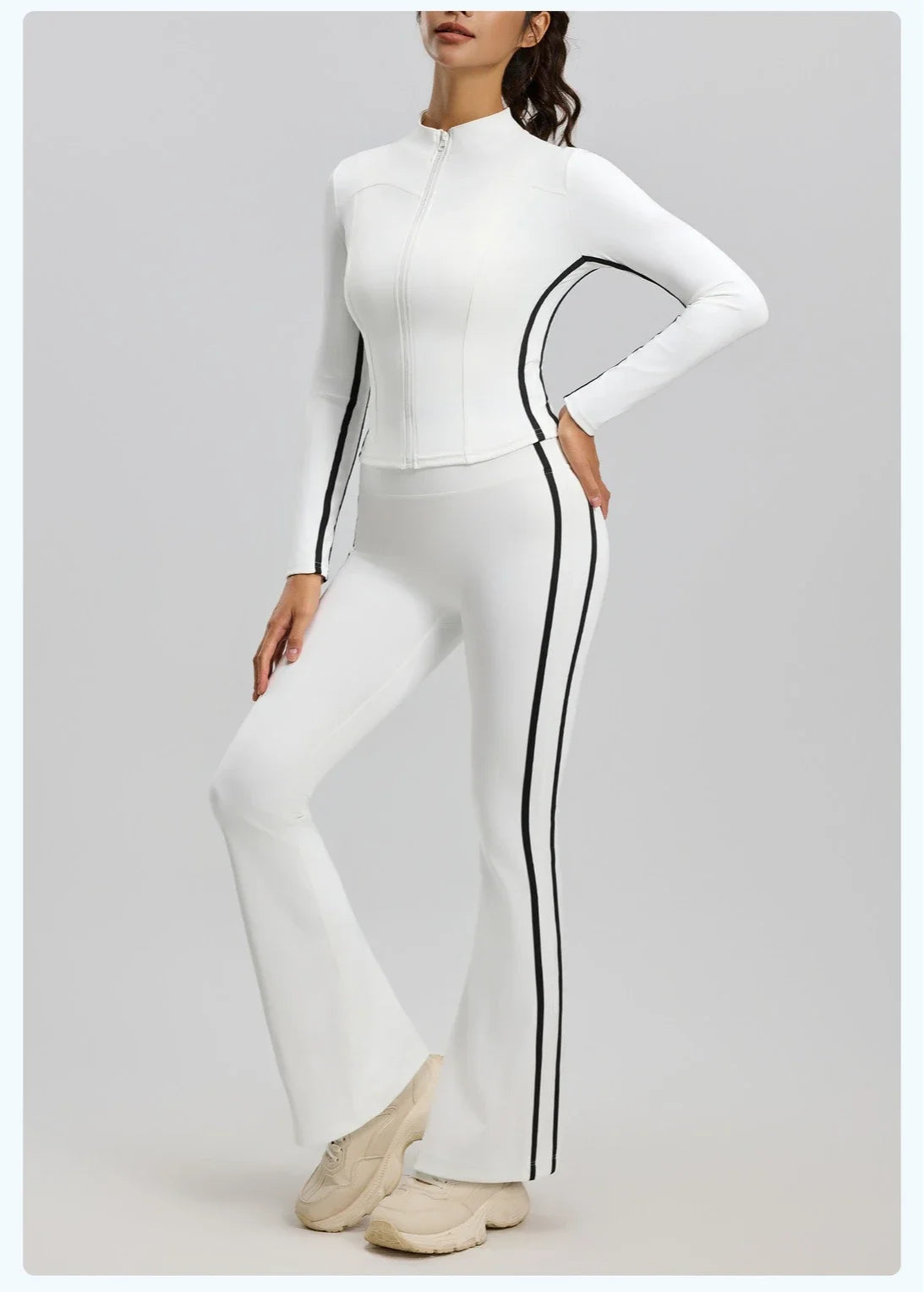 Striped 2pcs Yoga Gym Set Women Long Sleeve Zipper Sport Jacket Hip Lifting Leggings Fitness Running Tops Flare Pants Tracksuit
