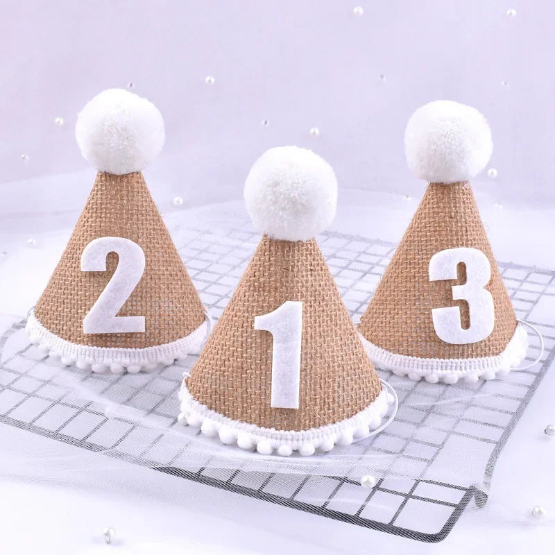 Burlap Baby Birthday Party Hat – Linen Felt, 1st–3rd Year