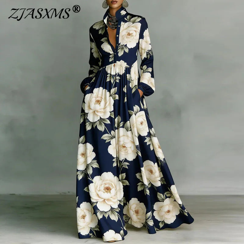 Women's Stand Collar Button Shirt Maxi Dresses Spring Casual High Waist Pocket Hem Long Dress Chic Floral Print Boho Party Dress