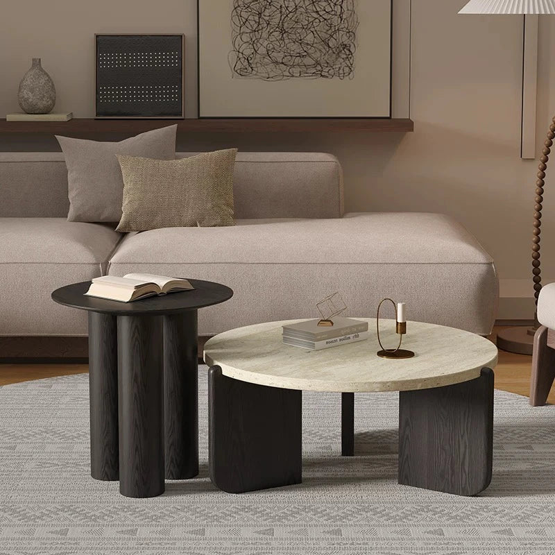 Wabi Sansan Solid Wood Travertine Coffee Table Household Coffee Table Living Room Minimalist Round Natural Travertine Rock Slate