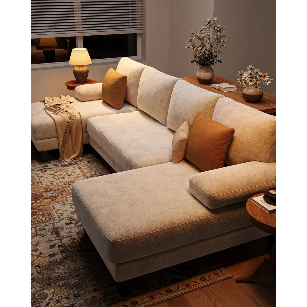 Beige 112-Inch U-Shaped Sectional Sofa with Double Chaise for Apartments