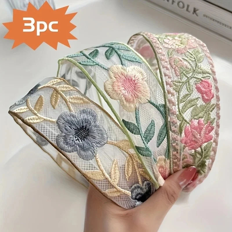 3pcs Elegant Chiffon Headband - Floral Embroidered Headscarf & Hair Tie