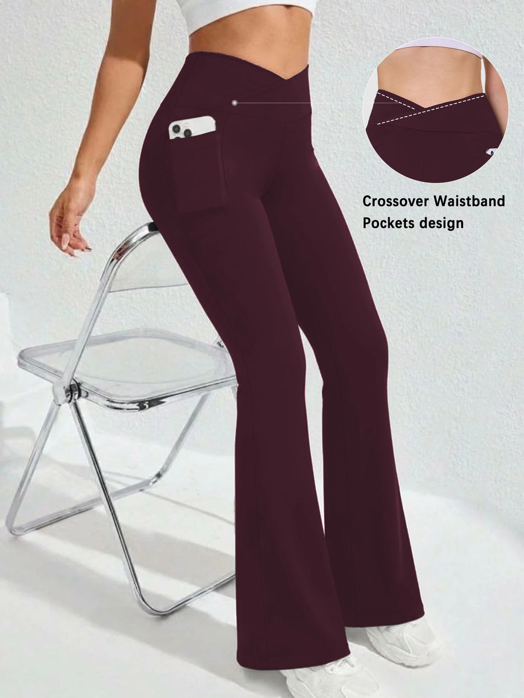 Women's Super Soft Crossover High Waisted Flare Legging With Pockets, Tummy Control Yoga Bootleg Bell Bottoms