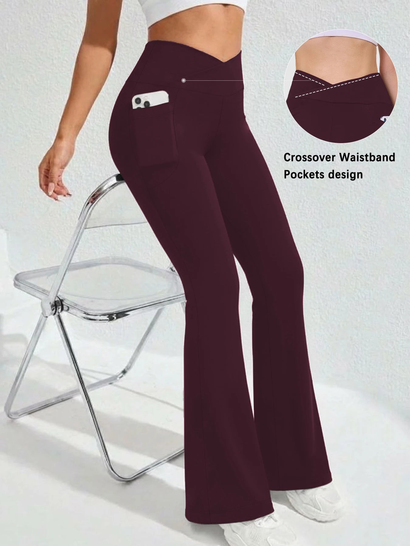 Women's Super Soft Crossover High Waisted Flare Legging With Pockets, Tummy Control Yoga Bootleg Bell Bottoms