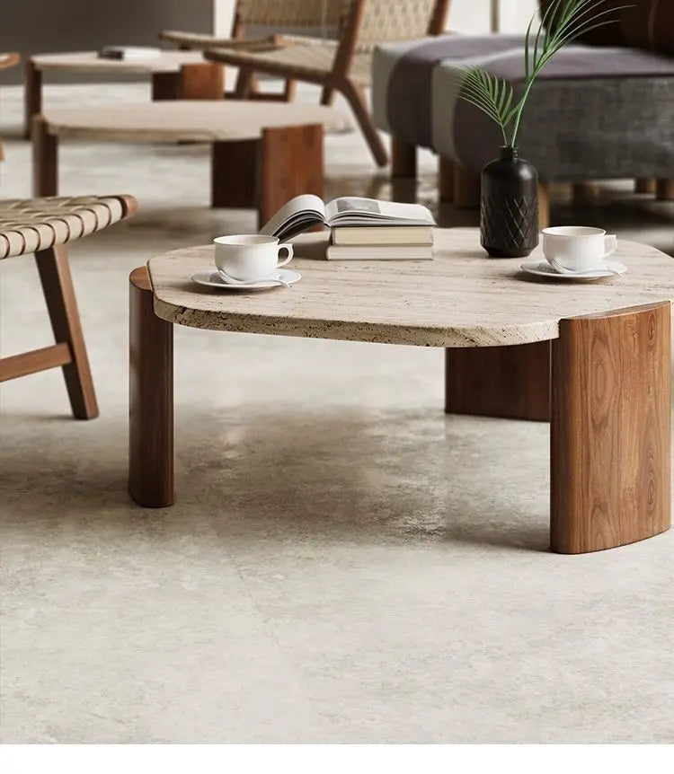Solid wood travertine coffee table small tea small apartment living room household round balcony special-shaped rock slab Intern