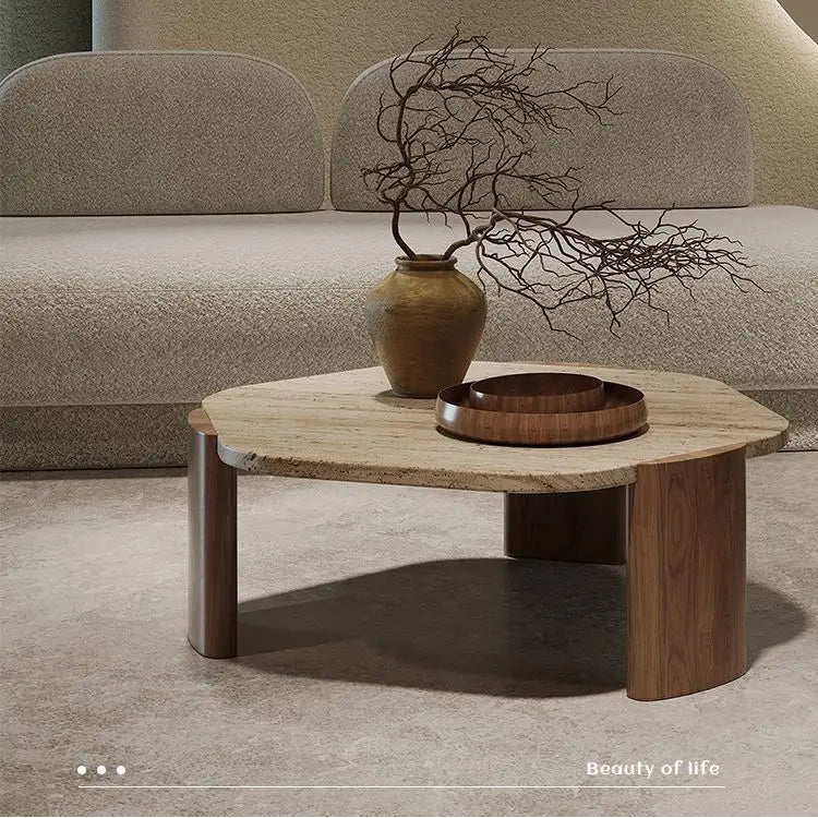 Solid wood travertine coffee table small tea small apartment living room household round balcony special-shaped rock slab Intern