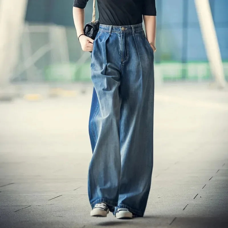 Jeans Wide Leg Pants Women High Waist Washed Distressed Pockets Basics Straight Trousers Denims Streetwear Vintage Floor Length