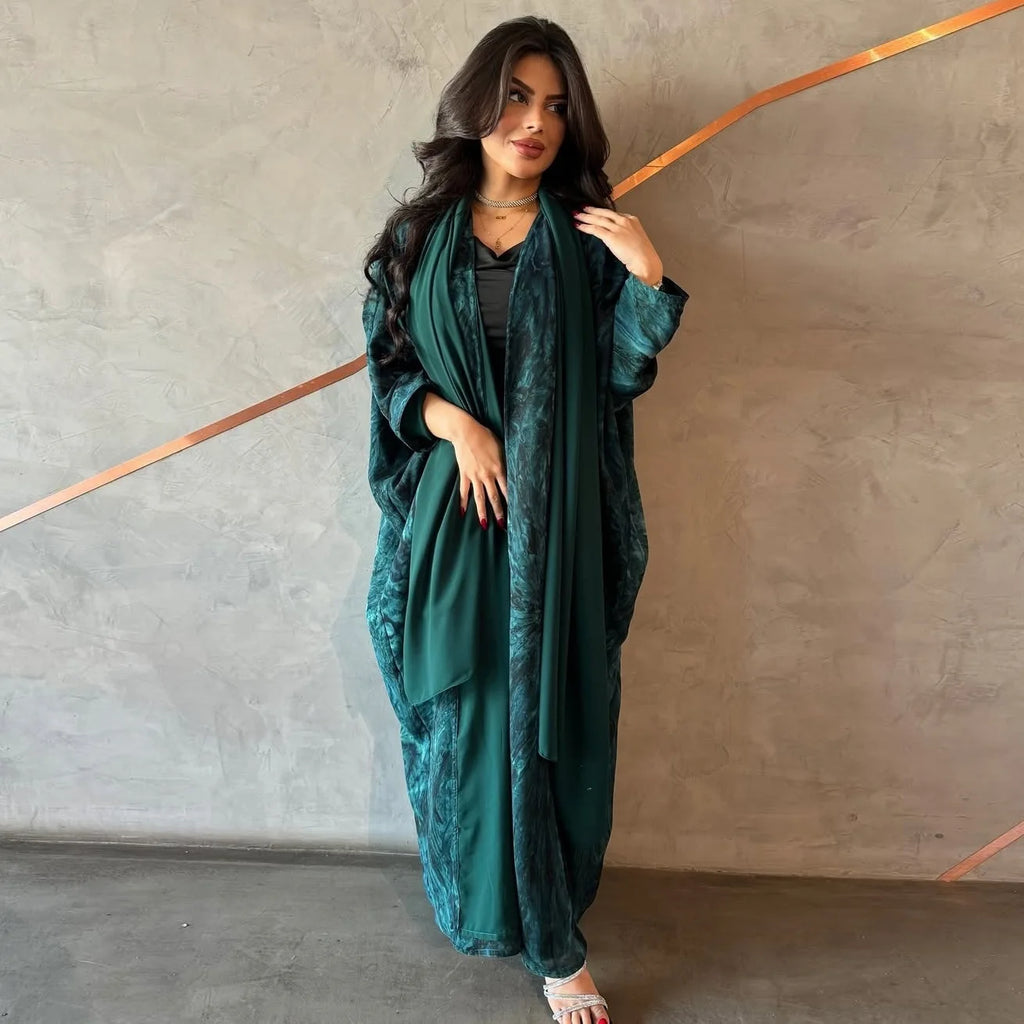 Women Muslim Abaya with Scarf Set DressRamadan Eid Print Cardigan Arab Long Robe Morocco Dubai Kaftan Islam Vestidos Jalabiya