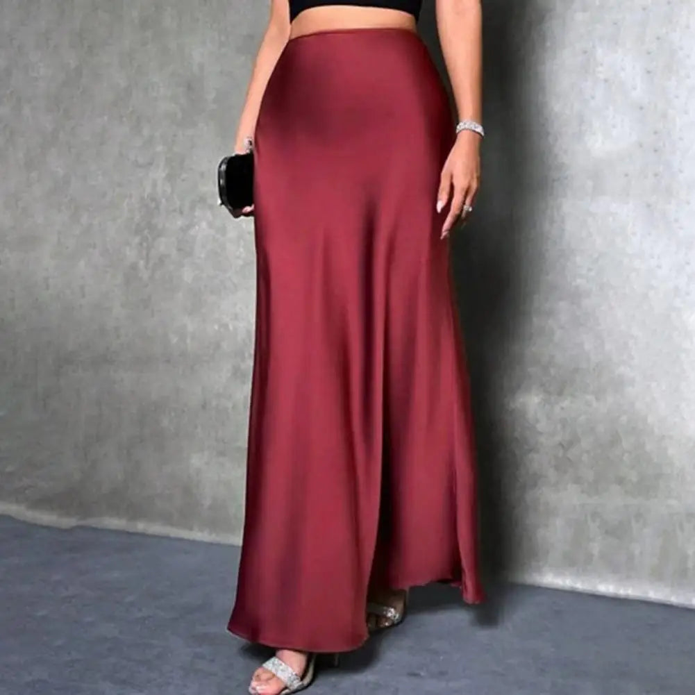 Women Fishtail Skirt Elegant High Waist Flattering Silhouette Satin Skirt Solid Color Smooth Surface A-Line Maxi Skirt