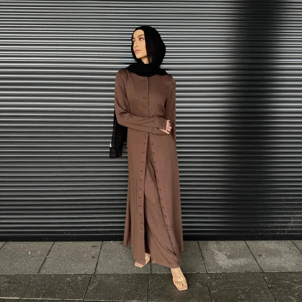 Eid Women Button Up Abaya Straight Pant 2 Piece Set  Muslim Sets Ramadan Dubai Elegant Musulman Ensembles Arab Long Pant Morocco
