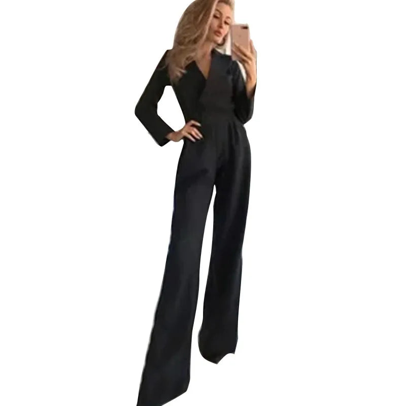 Spring Summer  Jumpsuit Women Mid Waist Elegant Commuting Long Sleeve Suit Overalls Wide Leg Pant Casual Solid Waist Jumpsuit