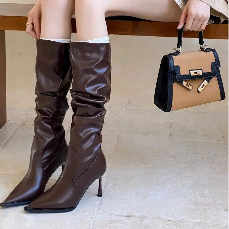 Retro Pointed Toe Slim Heel Long Boots Women's Autumn Winter New Lightweight Luxury Folded Edge Boots Casual round Toe