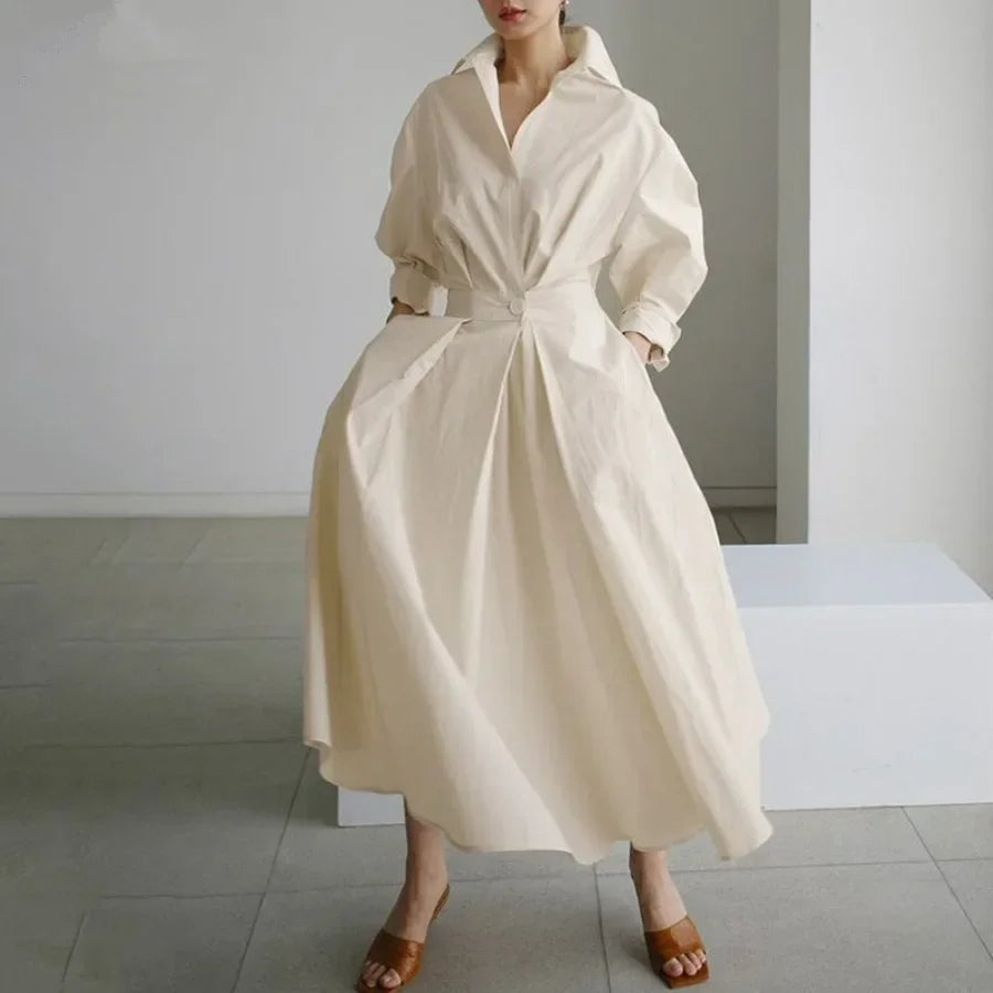2026 Women's Oversized Elegant Cotton Linen Sundress Lapel Neck High Waist Long Sleeve Long Shirt Dress OL Vestidos Robe Femme