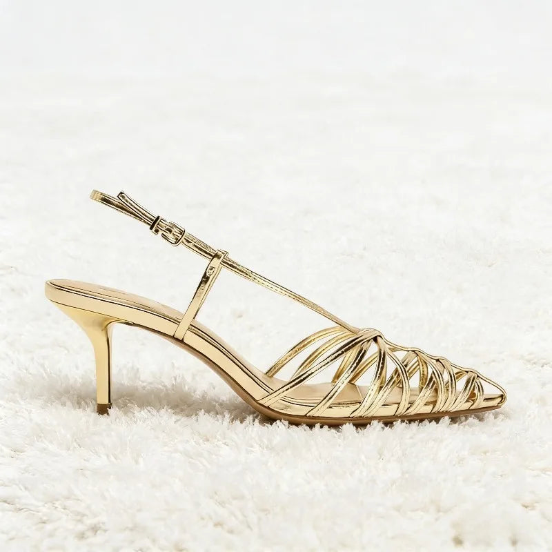 Luxury Gold Narrow Strap Heeled Sandals Women Sexy Pointed Toe Back Strap Roman Style Pumps Elegant Fashion Banquet Wedding Shoe