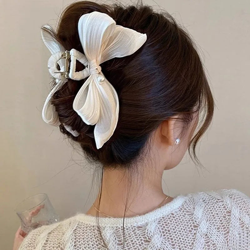 Mesh Bow Hair Clip for Woman Elegant Temperament Large Shark Clip Fashion Girl Ponytail Hair Clamp