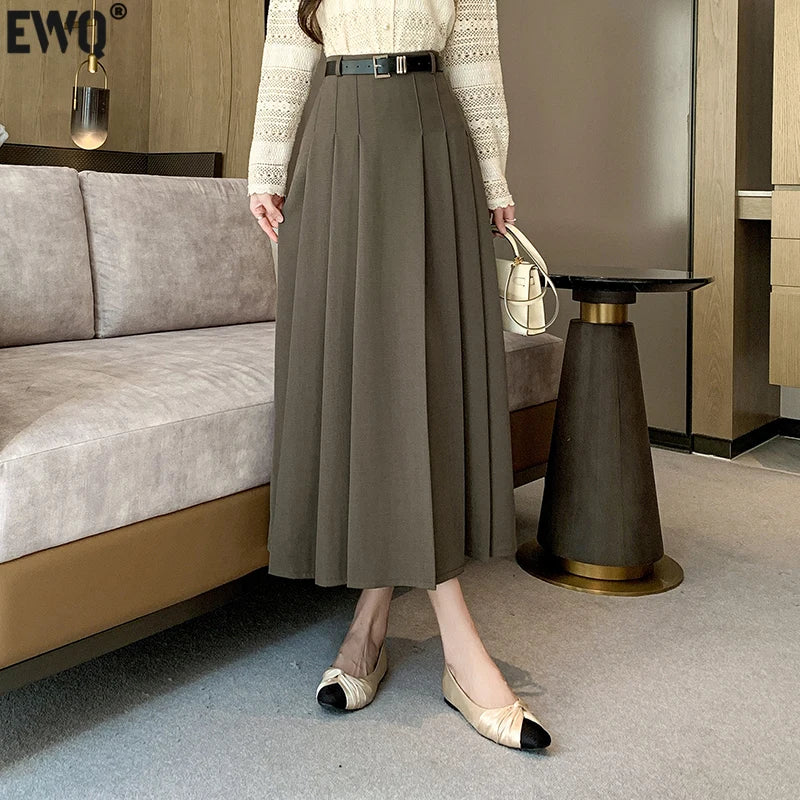 [EWQ] Elegant Solid Color Mid-Length All Match Skirt For Women 2026 Spring Summer Loose High Waist A-Line Pleated Skirts 16O9169
