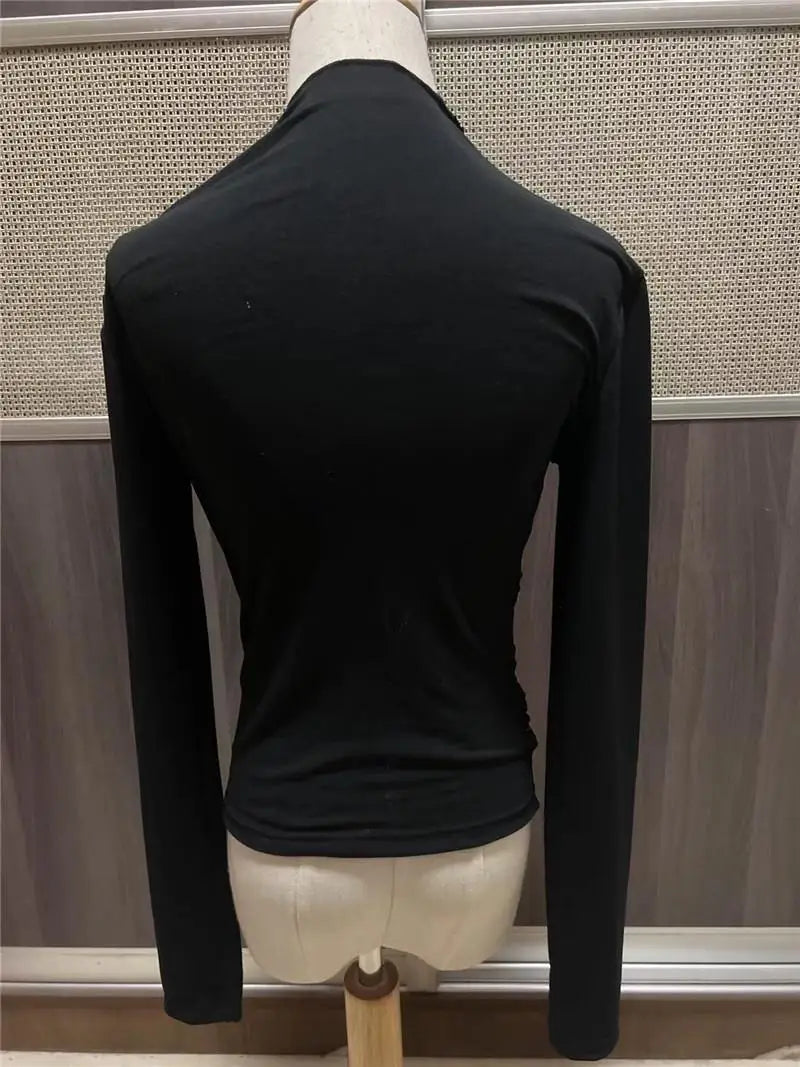 Women's Pleated Long Sleeve T-Shirt Bodycon Fit Polyester Spandex Blend Drawstring Closure  Color European Style Top
