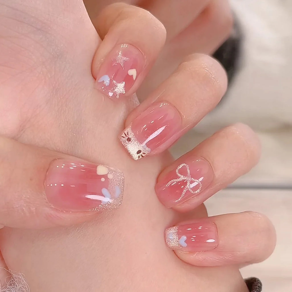 24pcs Detachable Short Press on Nails Y2k rhinestone False Nails with Glue Ballet Sweet Cool Girls Artificial False Nails Tips