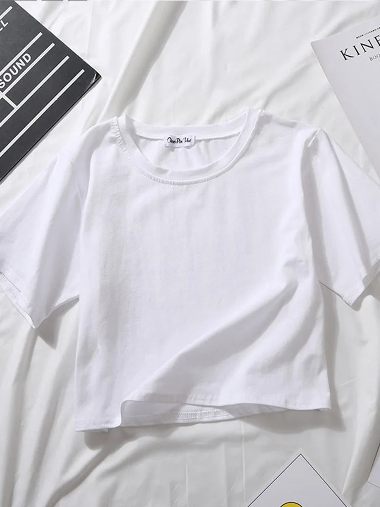 2023 Summer Short Sleeve T Shirts Women Cotton Solid T-shirt O Neck High Waist Crop Top Tee Female Casual Loose T Shirt