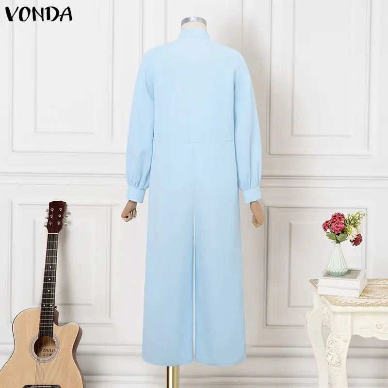 ZANZEA Women Fashion Long Jumpsuits 2026 Summer Long Sleeve Solid Rompers Casual Stand Collar Loose Overalls Streetwear Work