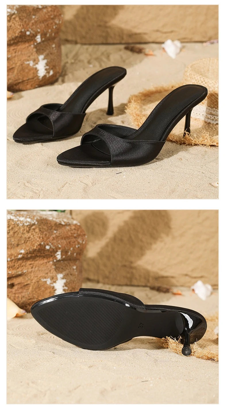 2026 New Arrival Women's Satin Mule Shoes High Heel Stiletto Slip On Sandals Fashion Elegant Party Wedding Shoes Champagne Beige