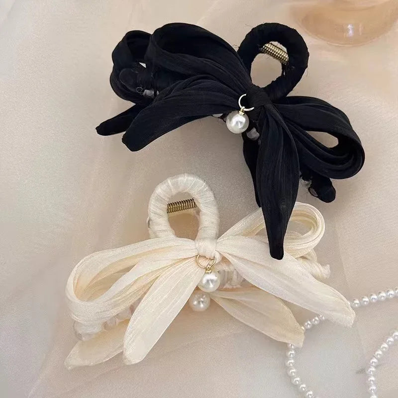 Mesh Bow Hair Clip for Woman Elegant Temperament Large Shark Clip Fashion Girl Ponytail Hair Clamp