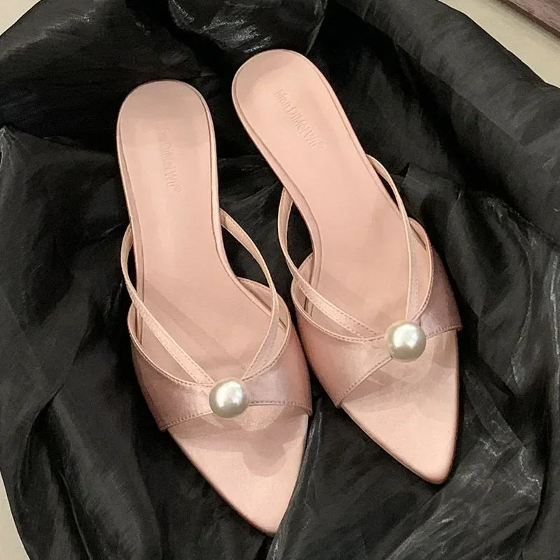 New 2025 Summer Open Toe Women Slippers Sexy Pointed Toe Slides Sandals Elegant Pearls Decoration Thin High Heels for Women