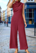 Jumpsuit Women 2026 Spring Summer New Solid Color High Collar Sleeveless Ruched Casual High Waist Wide Leg Jumpsuit