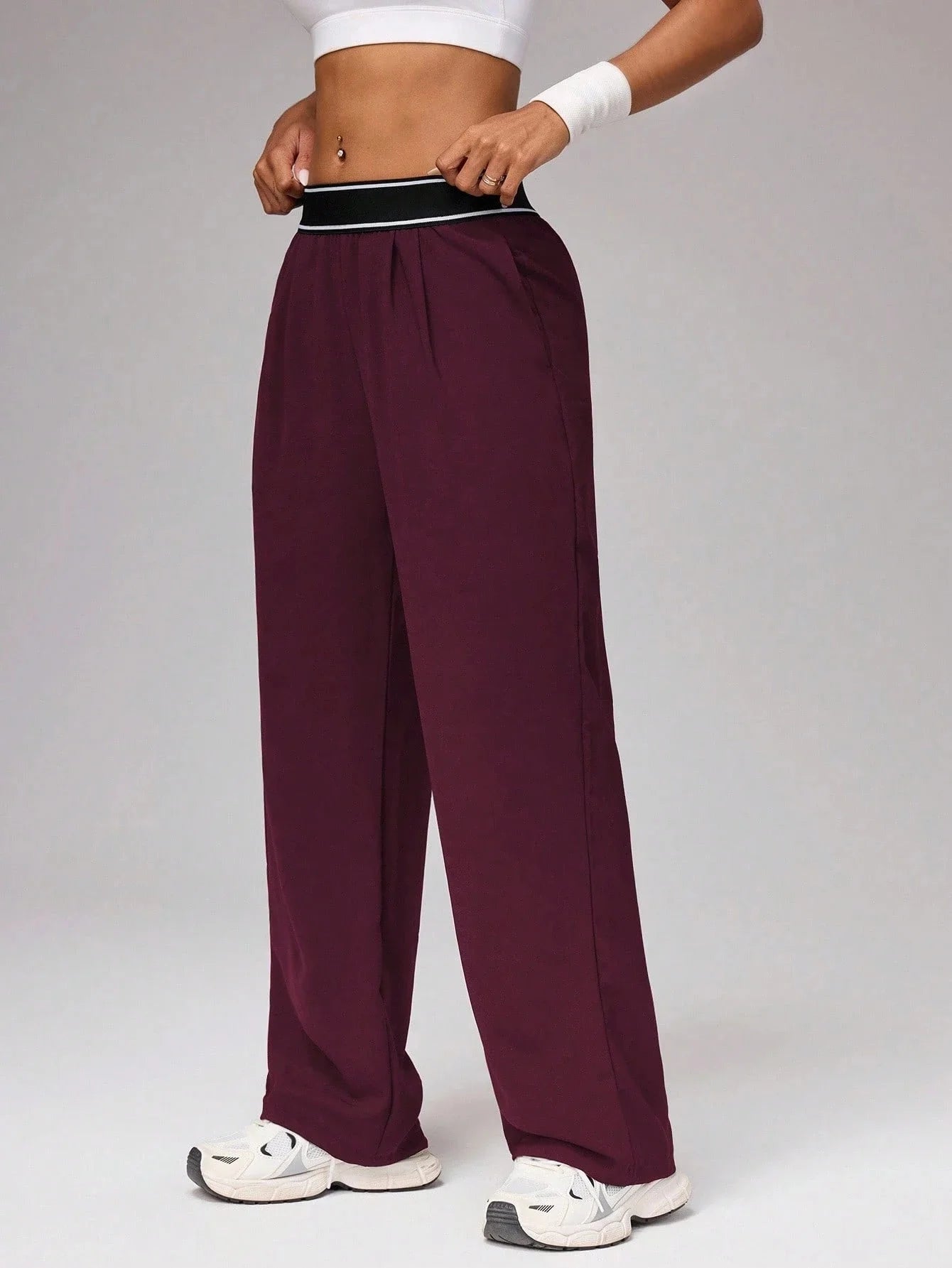 Women's High Waist Wide Leg Pants, Striped Waistband Loose Fit Casual Trousers, Lightweight Breathable Workout Joggers