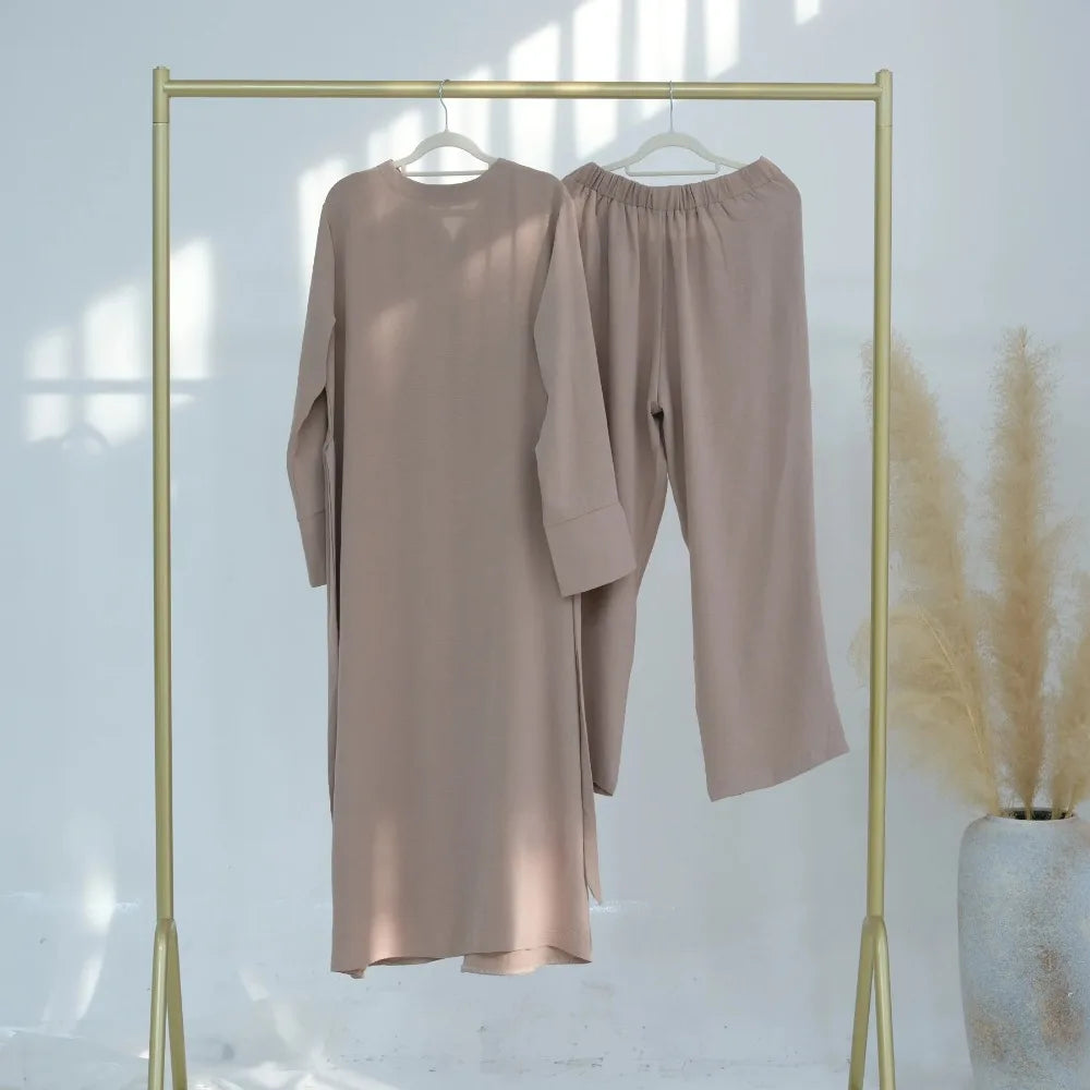 Eid Women Button Up Abaya Straight Pant 2 Piece Set  Muslim Sets Ramadan Dubai Elegant Musulman Ensembles Arab Long Pant Morocco
