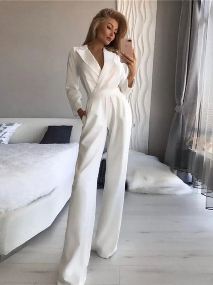 Spring Summer  Jumpsuit Women Mid Waist Elegant Commuting Long Sleeve Suit Overalls Wide Leg Pant Casual Solid Waist Jumpsuit