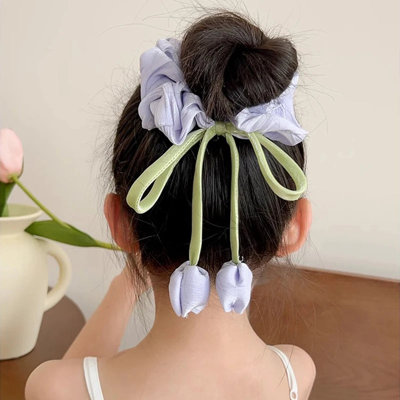 Sweet Girl Wind Mesh Strap Tulip Large Intestine Hair Hoop Handmade Butterfly Knot Rope Tie Ponytail Knot Hair Accessories