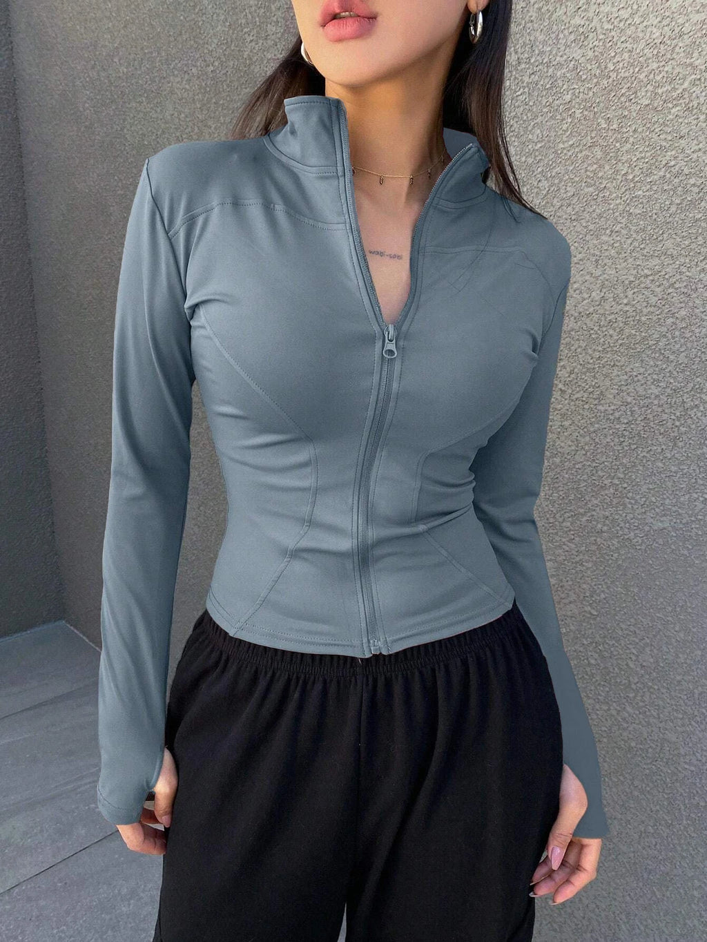 Women's Sport Zipper Closure Slim Fit Crop Jacket Solid Color Stand-up Collar Long Sleeve Yoga Clothes Spring/Autumn Streetwear