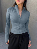 Women's Sport Zipper Closure Slim Fit Crop Jacket Solid Color Stand-up Collar Long Sleeve Yoga Clothes Spring/Autumn Streetwear