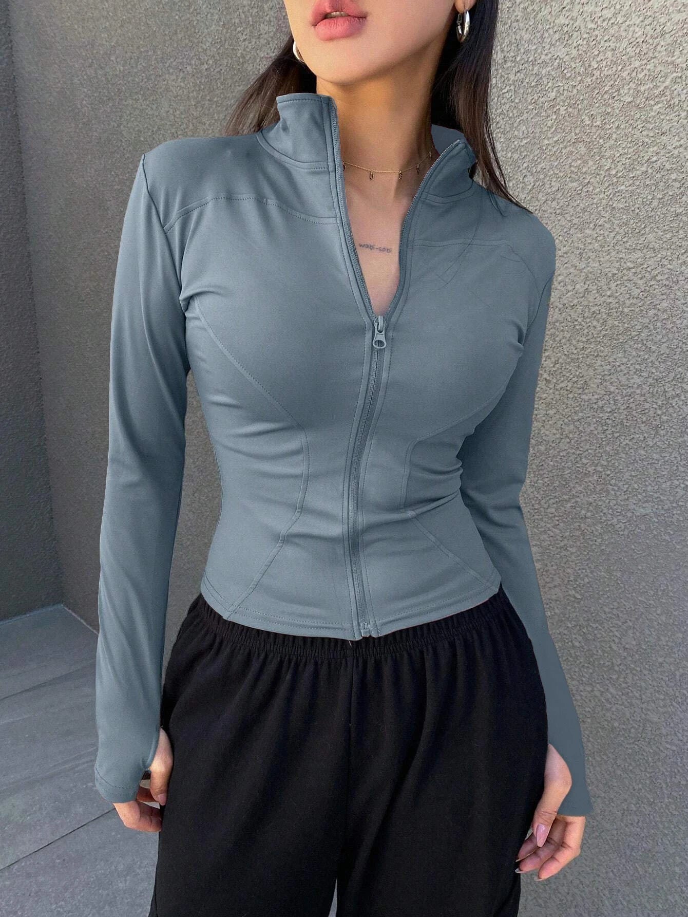 Women's Sport Zipper Closure Slim Fit Crop Jacket Solid Color Stand-up Collar Long Sleeve Yoga Clothes Spring/Autumn Streetwear