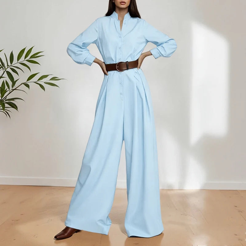 ZANZEA Women Fashion Long Jumpsuits 2026 Summer Long Sleeve Solid Rompers Casual Stand Collar Loose Overalls Streetwear Work