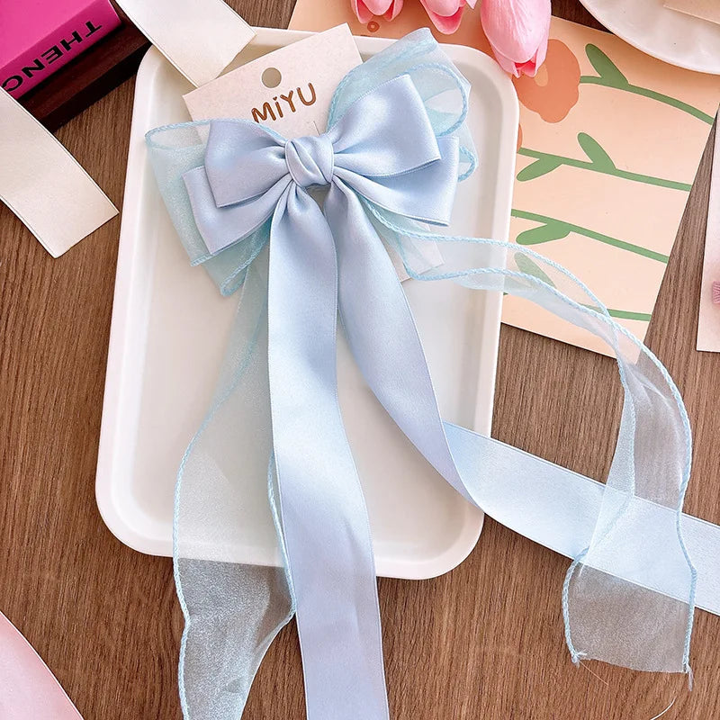 Women Elegant Lace Bow Ribbon Hair Clips Solid Color Satin Заколка Бант Girls Korean Hairpins Party Headdress Hair Accessories