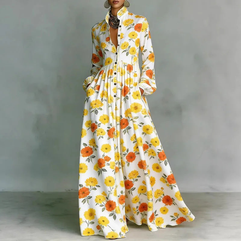 Women's Stand Collar Button Shirt Maxi Dresses Spring Casual High Waist Pocket Hem Long Dress Chic Floral Print Boho Party Dress