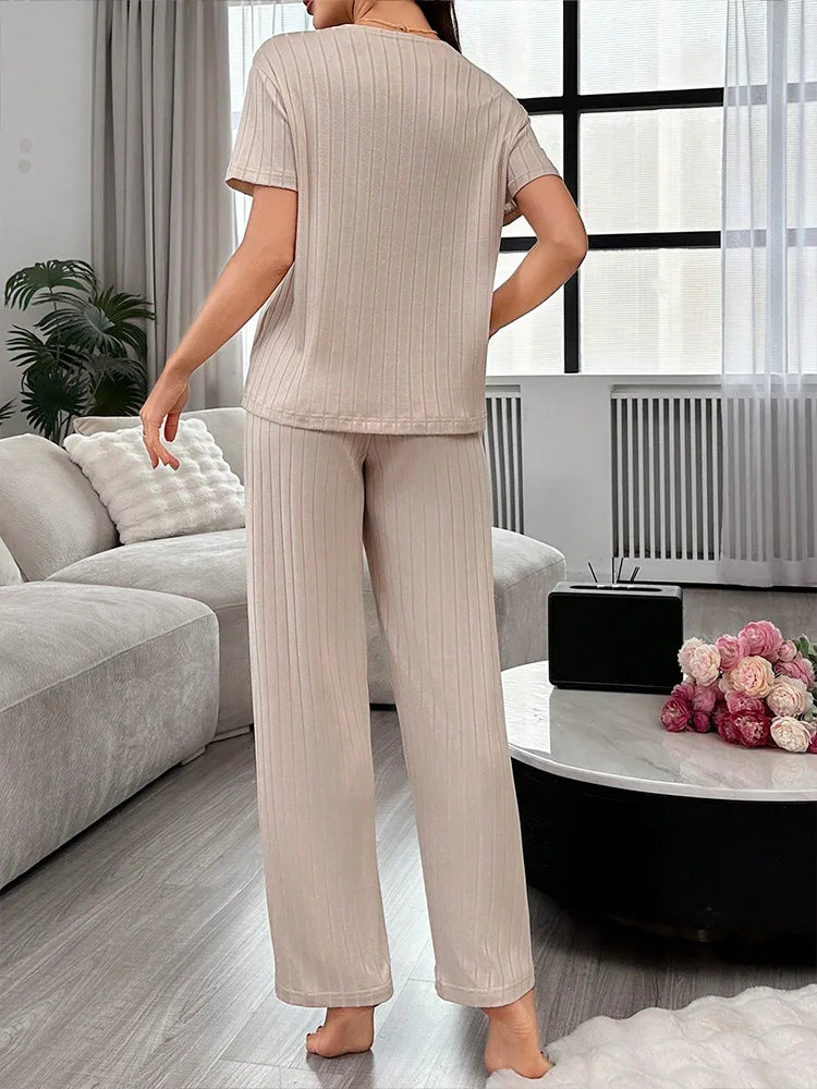Women Summer Pajamas Set Short Sleeve V-neck Solid Rib T-shirt with Pants Loose Sleepwear Homewear Female Casual Loungewear