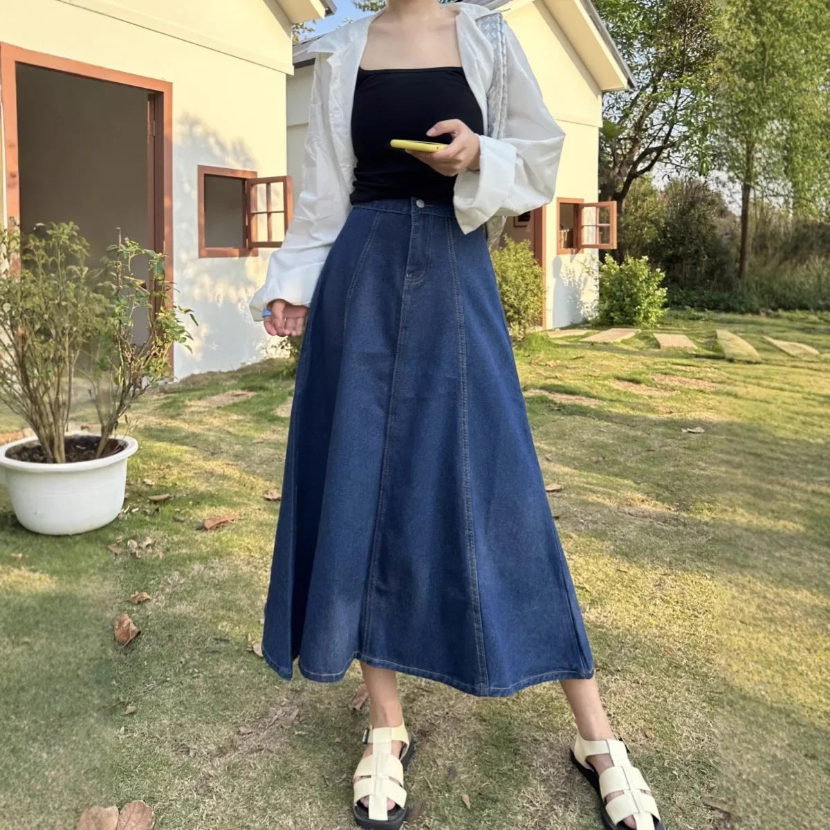 High Waist A- Line Midi Denim Skirt Women's Elastic Waist Design Sensation Slimming Long Skirt Summer Fashion Half-length Skirt