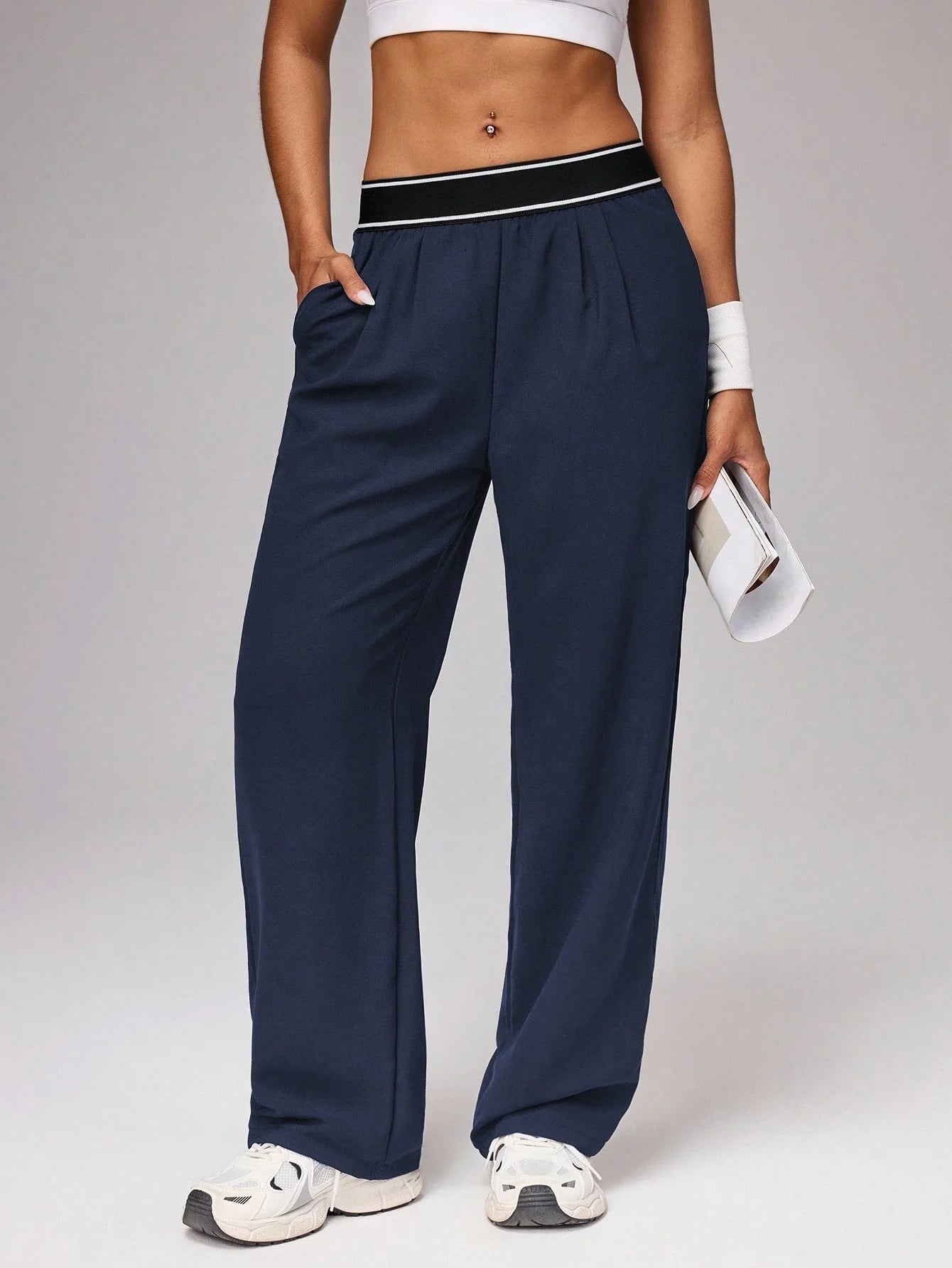 Women's High Waist Wide Leg Pants, Striped Waistband Loose Fit Casual Trousers, Lightweight Breathable Workout Joggers