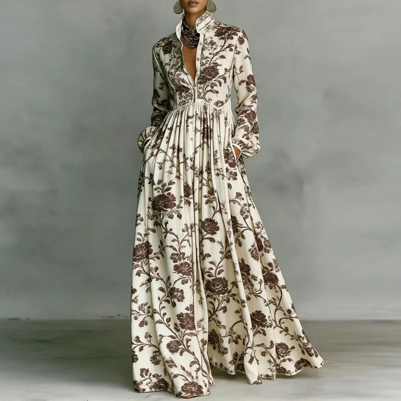 Women's Stand Collar Button Shirt Maxi Dresses Spring Casual High Waist Pocket Hem Long Dress Chic Floral Print Boho Party Dress