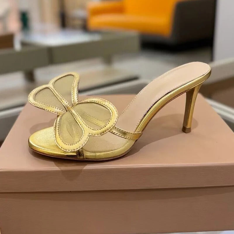 2025 New High Heels Slippers Women Mesh Big Butterfly-knot Thin Heels Lazy Sandals Summer Slides Fashion Party Dress Shoes