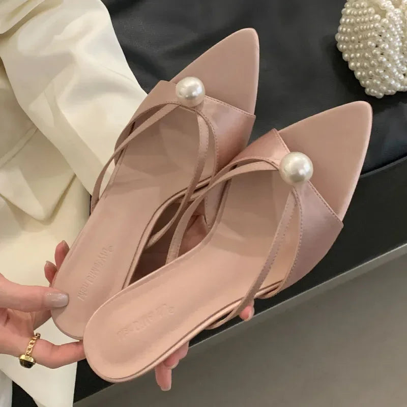New 2025 Summer Open Toe Women Slippers Sexy Pointed Toe Slides Sandals Elegant Pearls Decoration Thin High Heels for Women